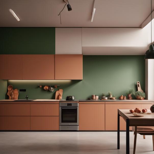une cuisine minimaliste aux armoires couleur terracotta avec un mur d'accent vert mat, design épuré, mise au point nette