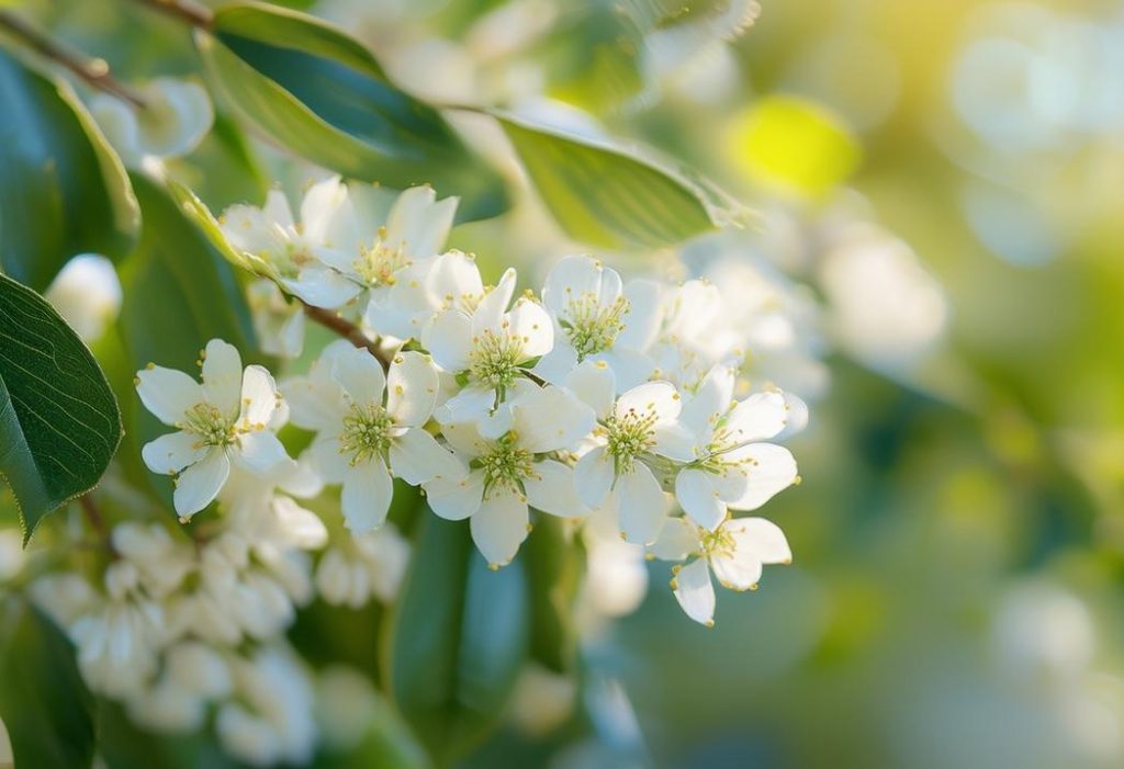 Gros plan flou de l'Amélanchier (Juneberry) en pleine floraison, ses délicates fleurs blanches contrastant avec les feuilles vertes luxuriantes sous la douce lumière d'automne, avec clarté et finition mate.
