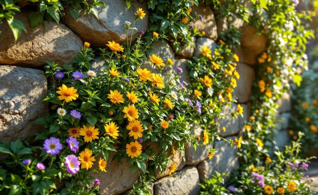 Un mur de pierre baigné de soleil est entouré de plantes fleuries robustes et de feuillage vert sous une lumière dorée de l’après-midi.