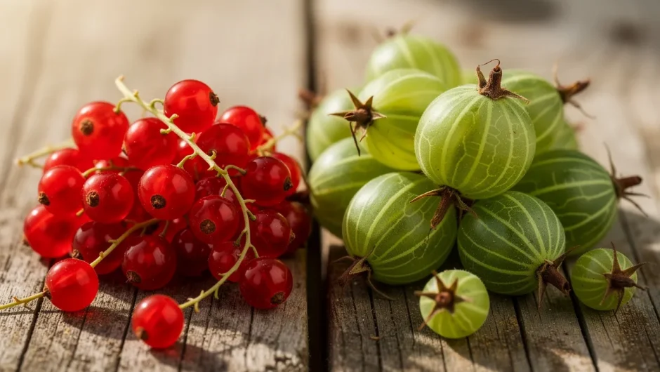 Groseilles rouges translucides et groseilles à maquereau vertes posées côte à côte sur des planches de bois rustique.