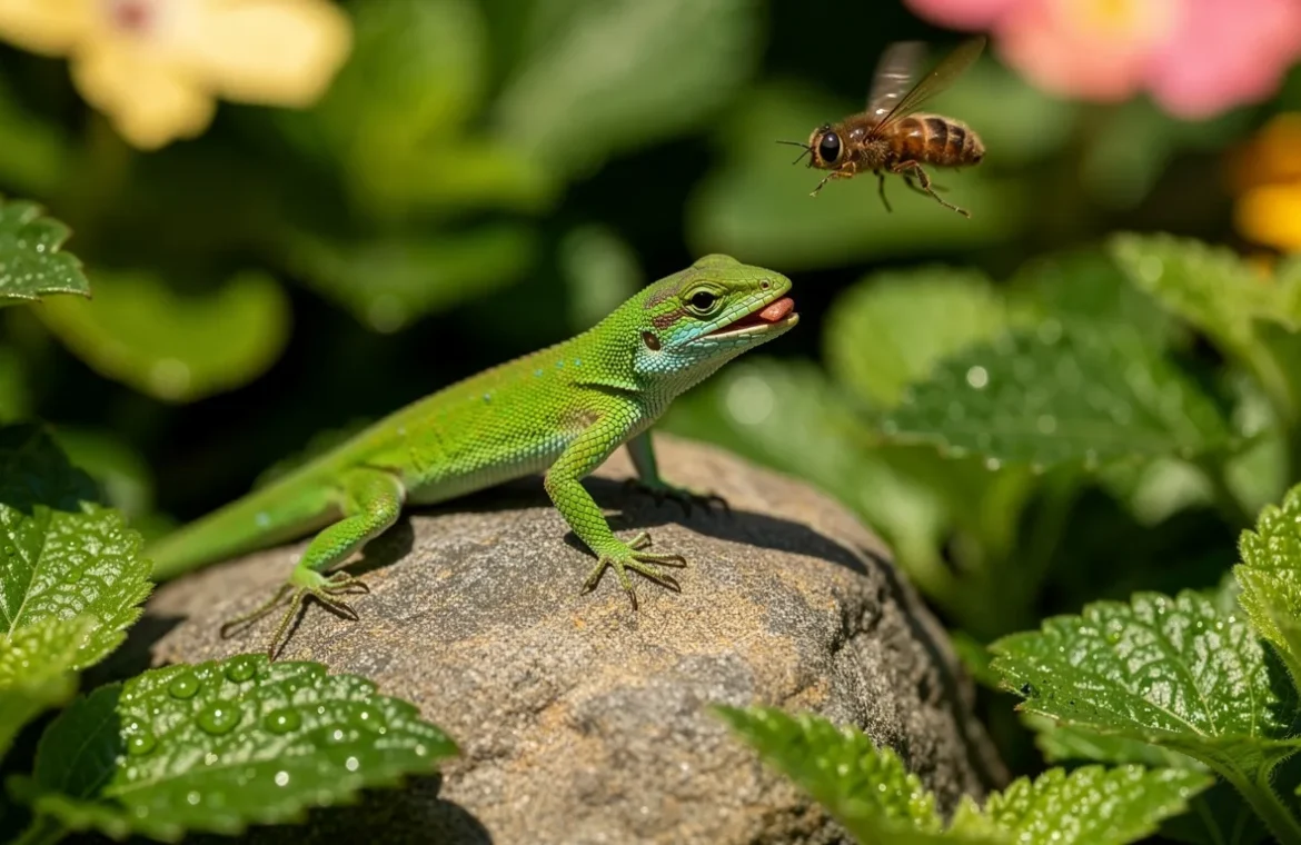 Un petit lézard vert est posé sur une pierre ensoleillée dans un jardin verdoyant, attrapant un insecte parmi des feuilles colorées.