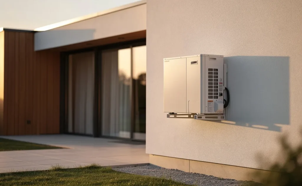 Pompe à chaleur air-air fixée sur le mur extérieur d'une maison moderne de 150 m² sous une lumière d'après-midi, avec reflets discrets sur sa surface métallique.