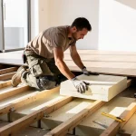 Un ouvrier installe des panneaux d’isolation sous un parquet dans un intérieur moderne éclairé par de grandes fenêtres.