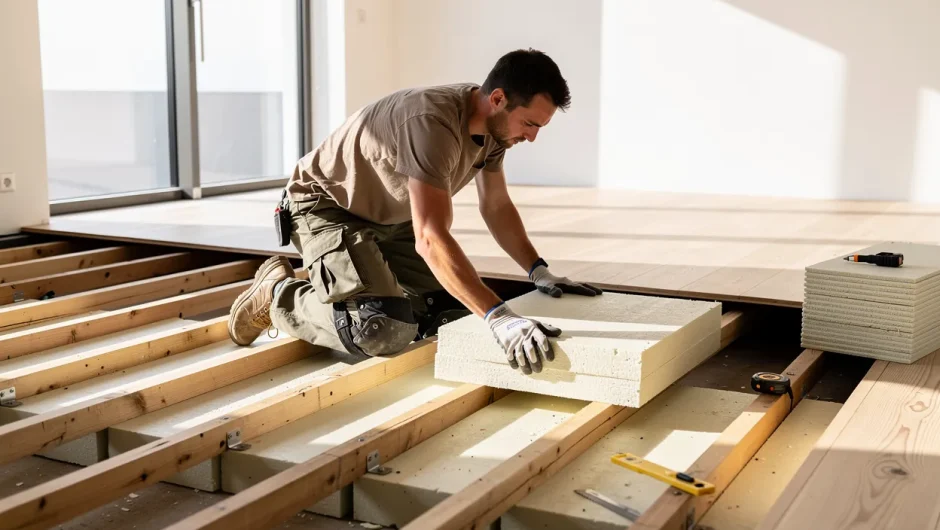 Un ouvrier installe des panneaux d’isolation sous un parquet dans un intérieur moderne éclairé par de grandes fenêtres.