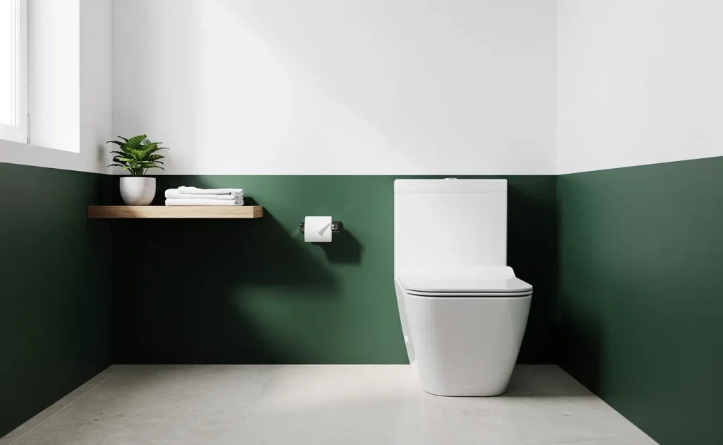 Salle de bain moderne avec murs bicolores vert forêt et blanc, toilette contemporain et décor minimaliste sous une lumière naturelle douce.