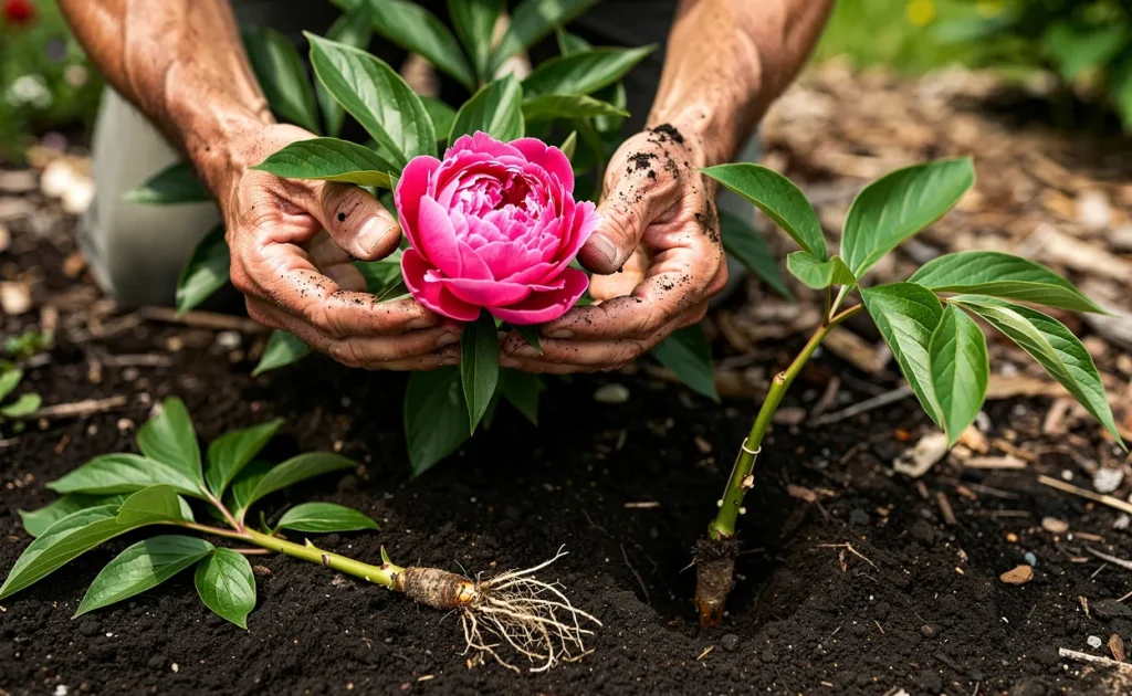 Des mains de jardinier tiennent une pivoine rose épanouie à côté d’une bouture racinée et d’une tige courbée pour le marcottage, en plein jour.