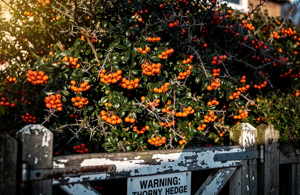 Une haie dense de pyracantha chargée de baies orangées se trouve derrière un portail de jardin avec un panneau d’avertissement partiellement visible et des rayons de soleil à travers les branches épineuses.