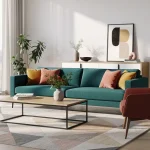 Salon moderne avec mobilier Sklum coloré, éclairé par une douce lumière naturelle.