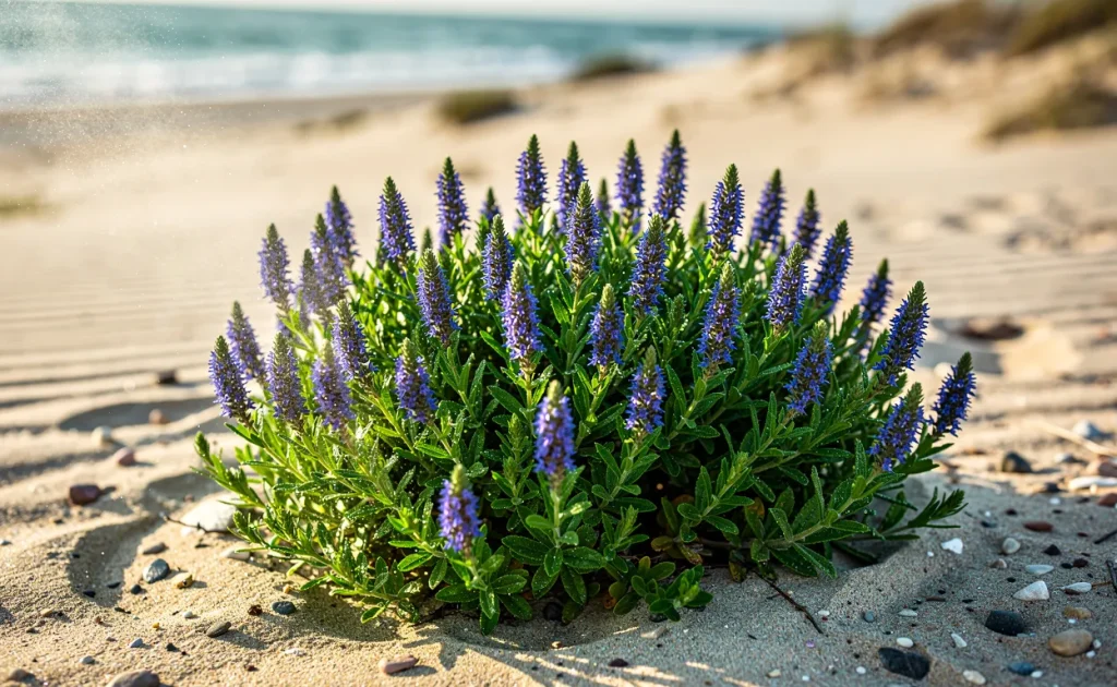 Un arbuste veronica aux fleurs azurées pointues pousse sur une plage de sable balayée par le vent, baignée par la lumière matinale et les embruns.