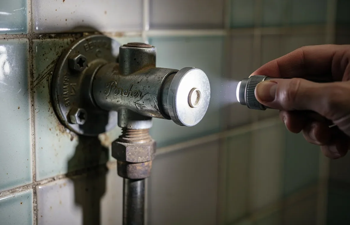 Un mécanisme ancien de chasse d'eau Porcher est éclairé par une main tenant une petite lampe torche dans une salle de bains carrelée d'époque.