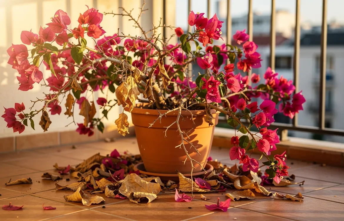 Un bougainvillier en pot sur un balcon ensoleillé, avec des feuilles tombées et des branches fanées indiquant un signe de détresse.