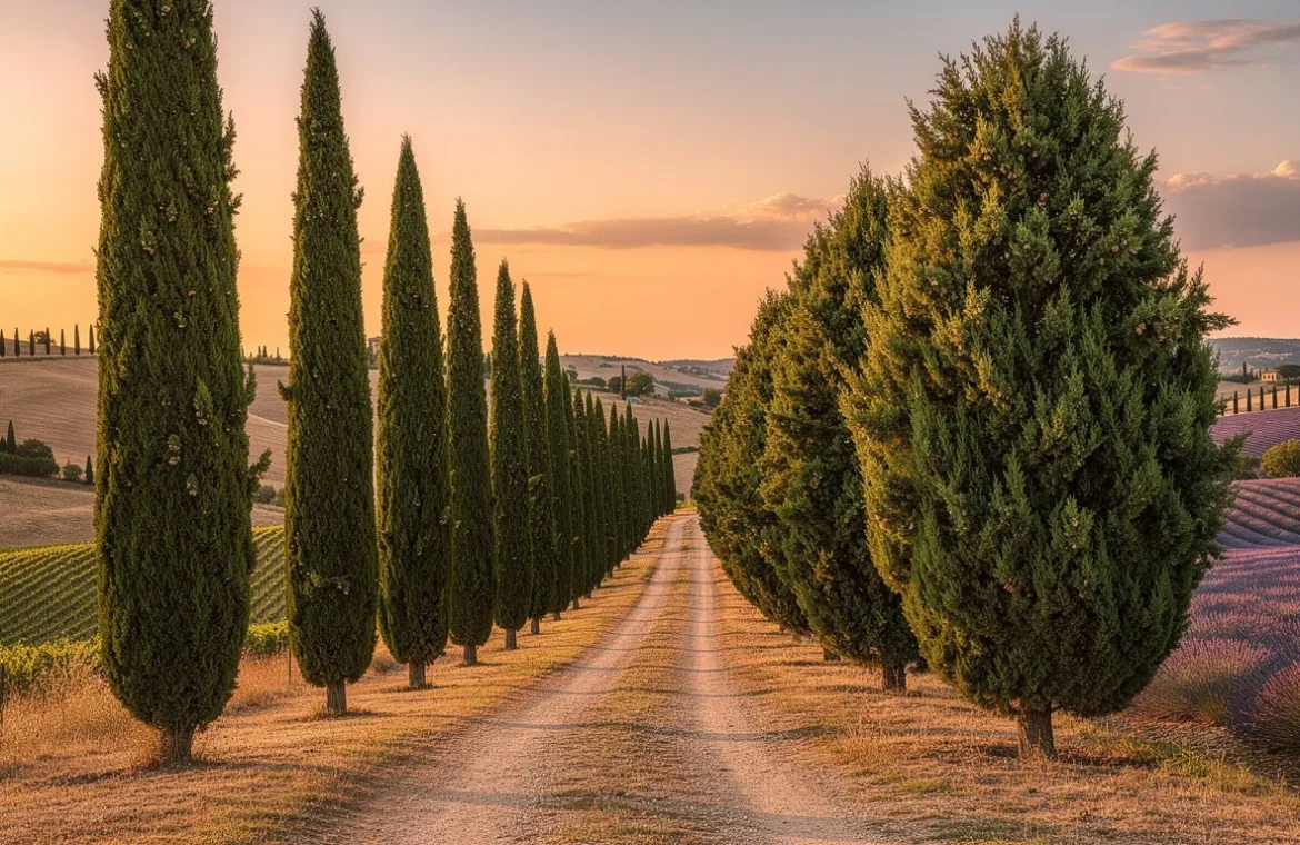 Deux rangées de cyprès, les élancés cyprès florentins d’un côté et les massifs cyprès provençaux de l’autre, bordent des collines sous un coucher de soleil doré.