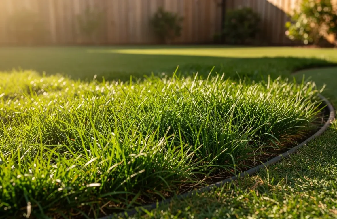 Pelouse de chiendent mascareigne aux brins verts texturés éclairée par le soleil dans un jardin, contrastant avec une bordure de gazon classique.