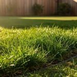 Pelouse de chiendent mascareigne aux brins verts texturés éclairée par le soleil dans un jardin, contrastant avec une bordure de gazon classique.