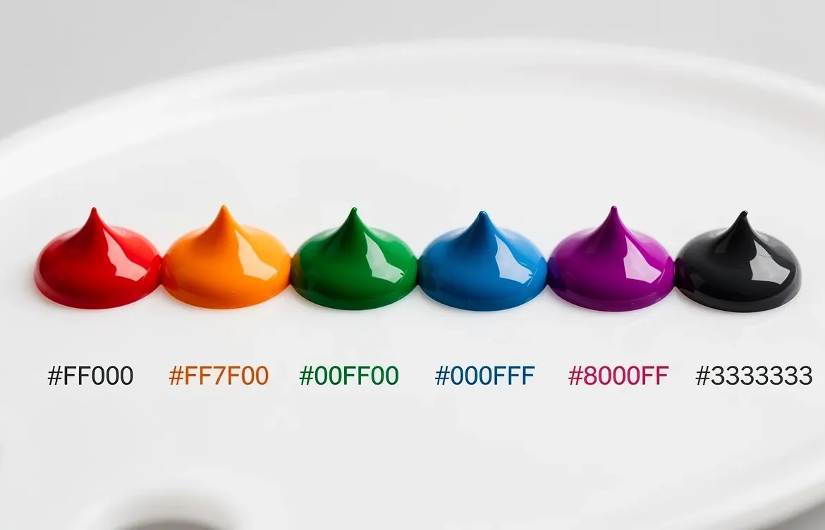 Neuf gouttes de peinture colorées avec leurs codes HEX alignées sur une palette blanche sous une lumière douce.