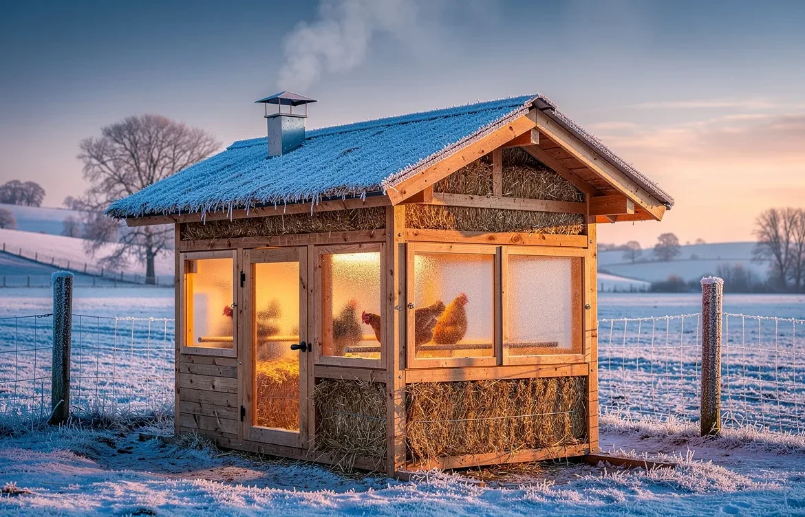 Un poulailler bien isolé en bois et paille se trouve dans une campagne gelée au lever du soleil, avec quelques poules visibles à l’intérieur à travers des vitres givrées.