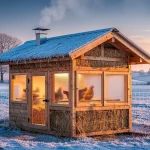 Un poulailler bien isolé en bois et paille se trouve dans une campagne gelée au lever du soleil, avec quelques poules visibles à l’intérieur à travers des vitres givrées.
