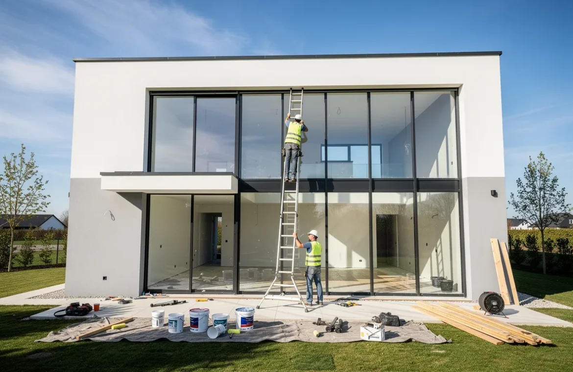 Une maison moderne en rénovation avec des ouvriers installant des fenêtres et des murs fraîchement peints sous une lumière naturelle.