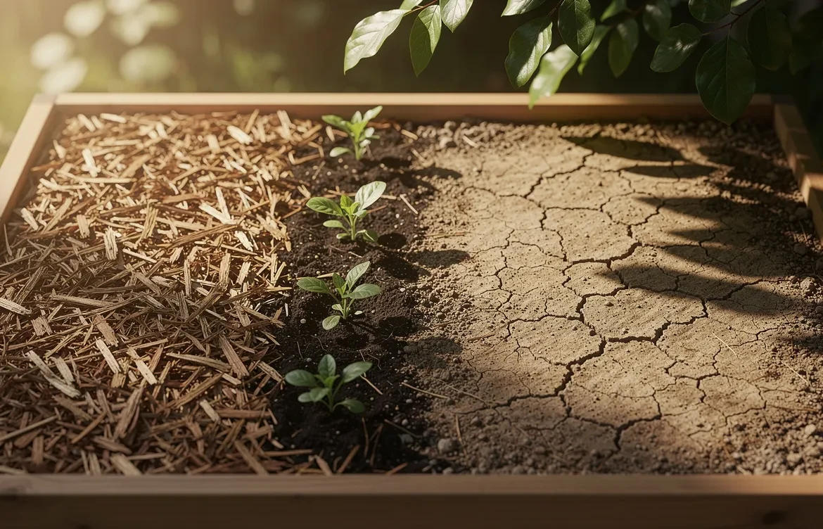 Un parterre de jardin montre un côté recouvert de paillis naturel et un autre laissé nu, dévoilant une terre humide à côté d’un sol sec et fissuré sous une lumière douce filtrée par des feuillages.