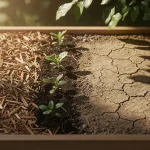 Un parterre de jardin montre un côté recouvert de paillis naturel et un autre laissé nu, dévoilant une terre humide à côté d’un sol sec et fissuré sous une lumière douce filtrée par des feuillages.