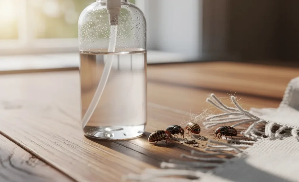 Un flacon pulvérisateur en verre rempli de vinaigre blanc est posé sur une table en bois près de quelques anthrènes visibles à côté de fibres textiles dans une pièce éclairée par la lumière du jour.