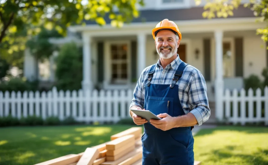 Un artisan en tenue de travail examine des matériaux d’isolation devant une maison de banlieue bien entretenue sous une lumière naturelle.