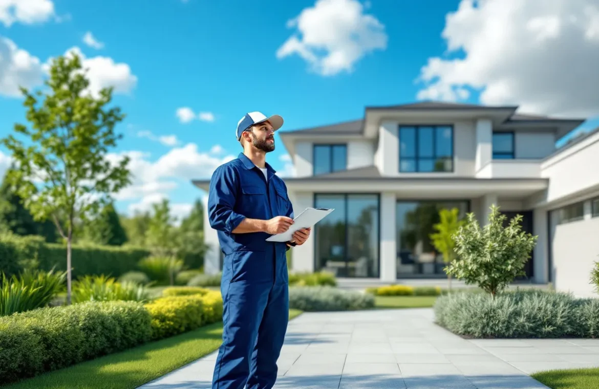 Un entrepreneur en uniforme examine l’isolation extérieure d’une maison moderne, tenant une tablette, par une journée ensoleillée avec un jardin verdoyant.