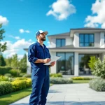 Un entrepreneur en uniforme examine l’isolation extérieure d’une maison moderne, tenant une tablette, par une journée ensoleillée avec un jardin verdoyant.