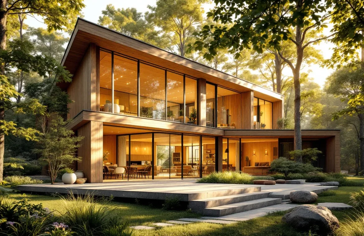 Maison moderne écologique en bois entourée d’arbres verdoyants sous une lumière naturelle douce.