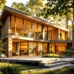 Maison moderne écologique en bois entourée d’arbres verdoyants sous une lumière naturelle douce.