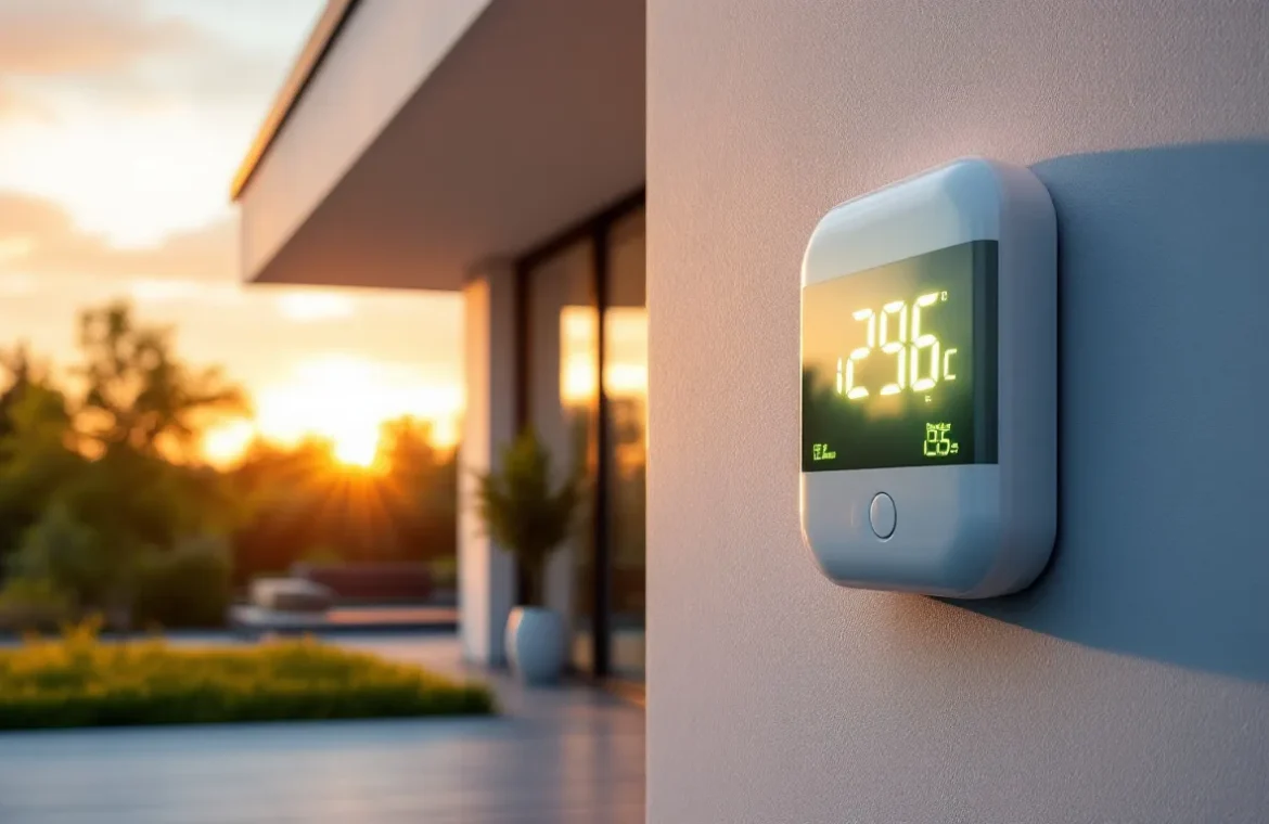 Maison rénovée moderne au coucher du soleil avec deux conduits de ventilation extérieurs et un compteur d’énergie numérique affichant une consommation réduite.