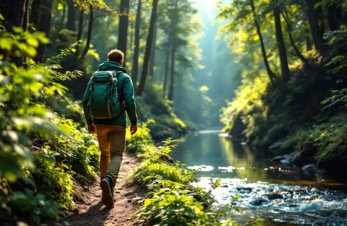 Un randonneur marche sur un sentier étroit au cœur d’une forêt verdoyante avec une rivière claire serpentant à proximité sous une lumière tamisée.