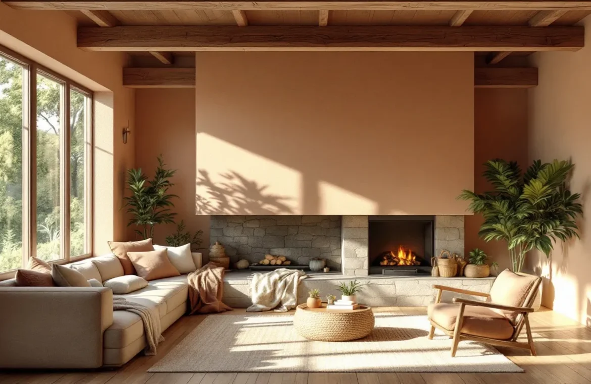 Salon lumineux avec poutres en bois apparentes, murs en argile, cheminée en pierre, grandes fenêtres sur la verdure et mobilier en lin et laine.