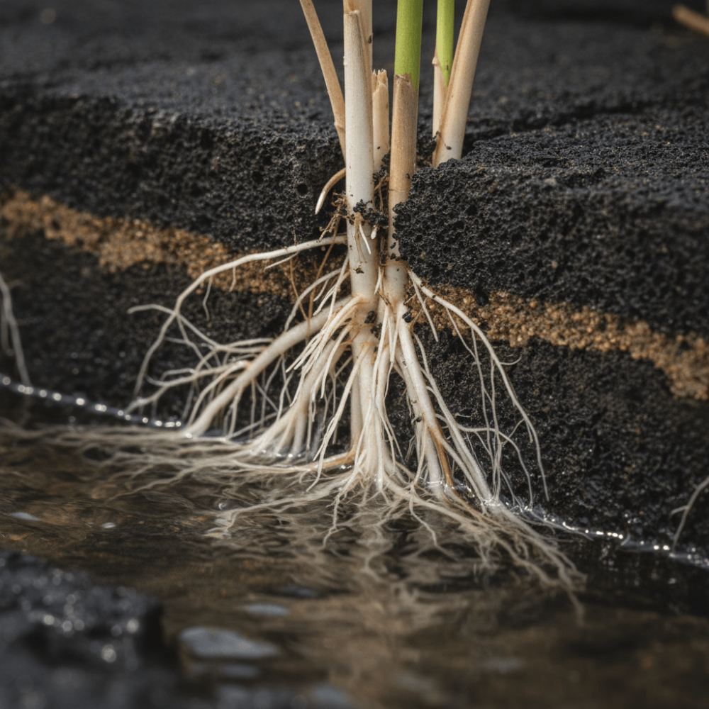 Système racinaire de roseaux dans substrat filtrant montrant le processus naturel d'épuration de l'eau